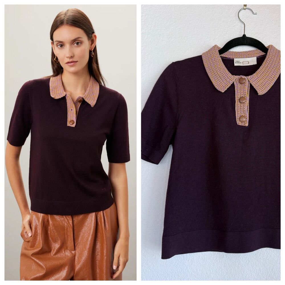 Tory Burch Crochet Knit Polo Merino Wool Wooden Button Top in Purple Size Medium